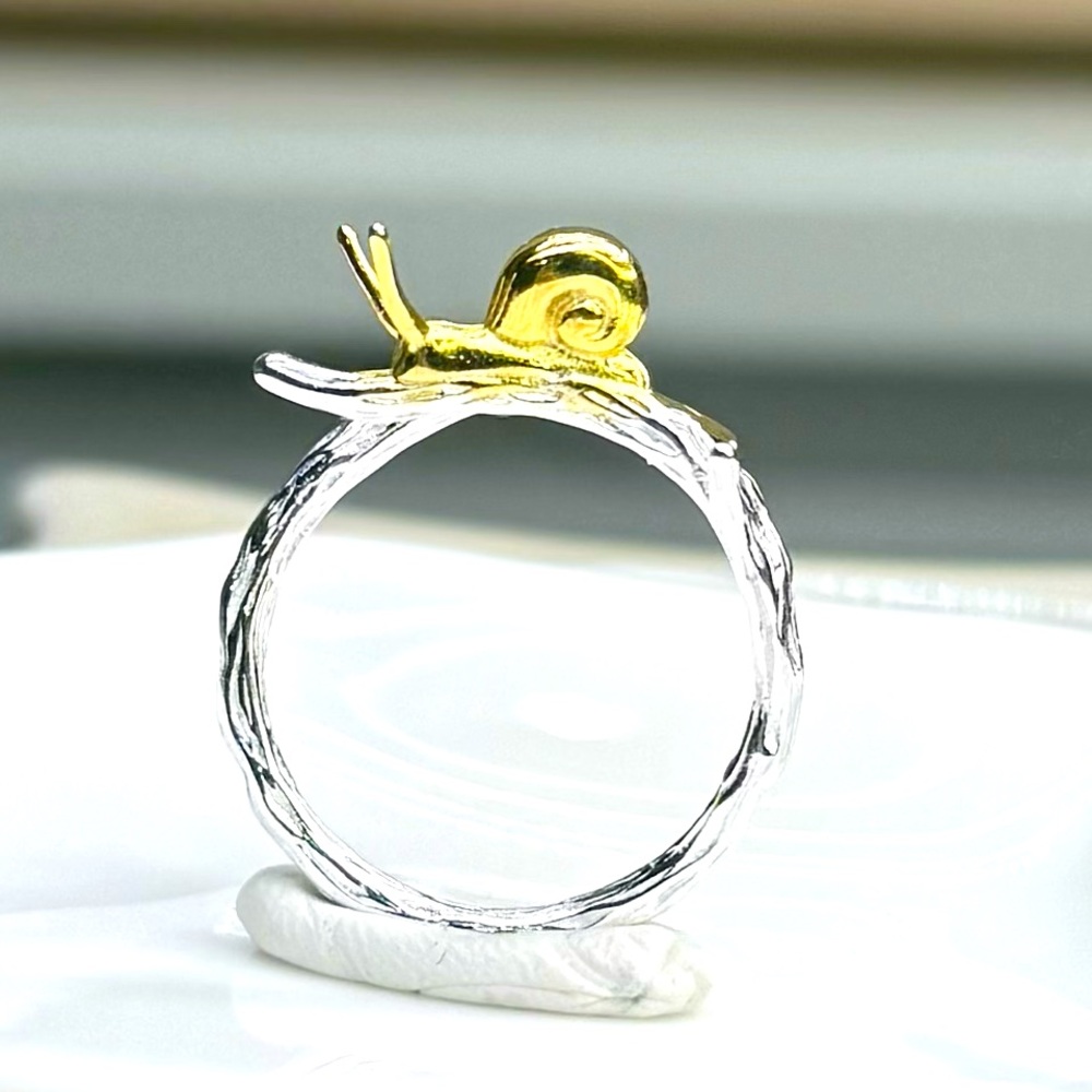RTT1 Handmade Two Tone 3D SNAIL & Ginkgo🍃 Leaf Ring 18K Yellow & White Gold S925